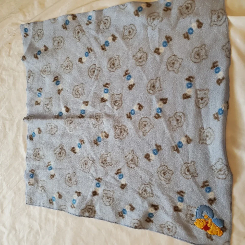 Disney Pooh Baby Blanket Blue Fleece Brown White P Appliqué Faces P O O H‎